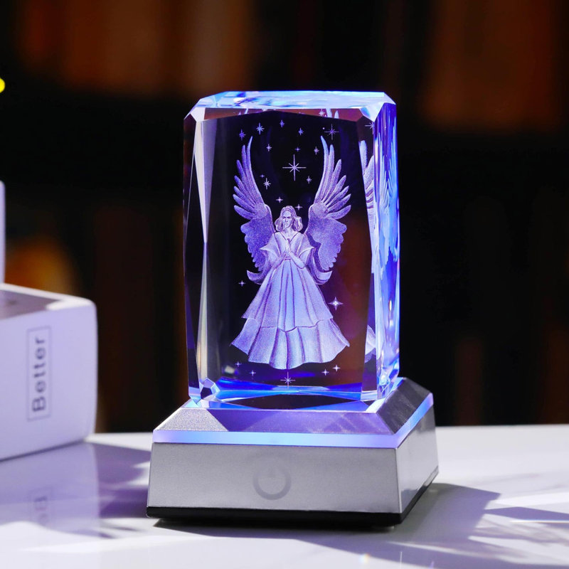 3D Crystal Guardian Angel Figurine With Colourful Light Base