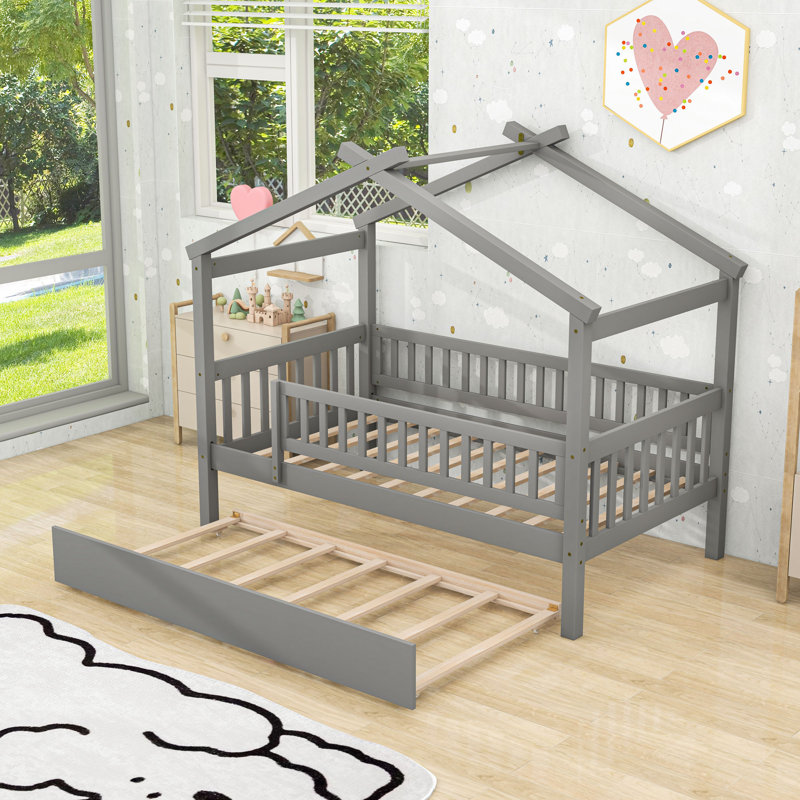 Lit de jour simple en bois avec lit gigogne simple, Gris