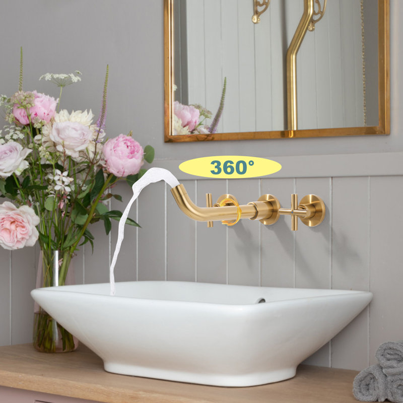 Brushed Gold Double Handle Wall Mounted Bathroom Faucet
