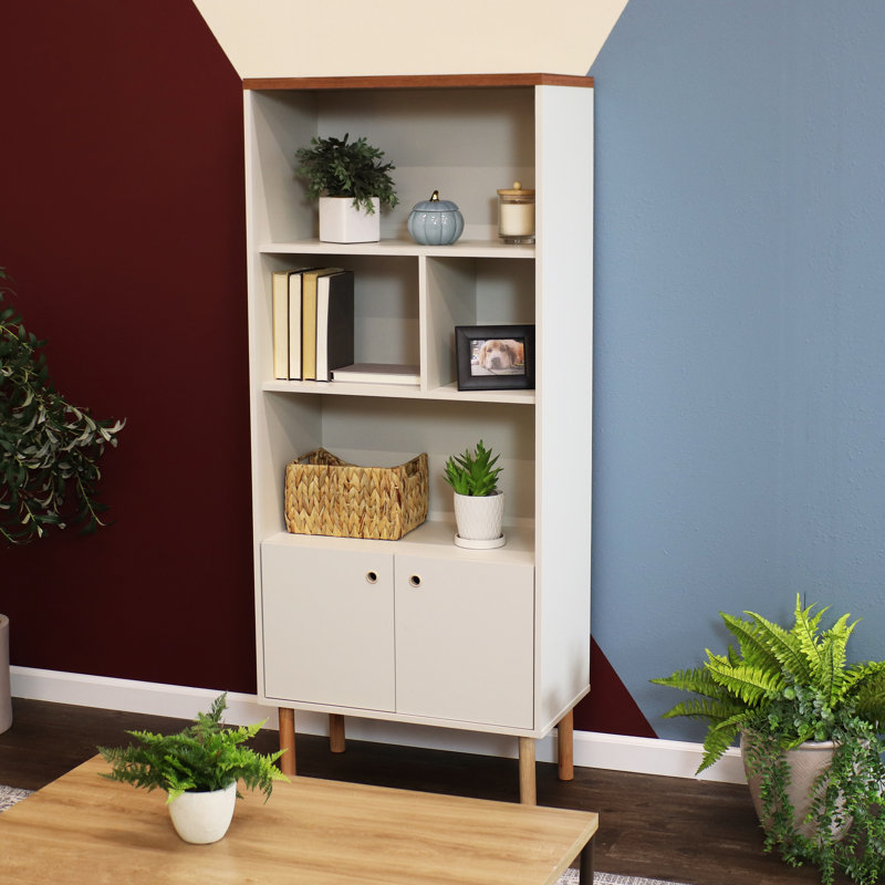 Bibliothèque Mid-Century moderne à 5 tablettes avec armoire de rangement, latte