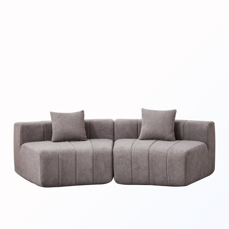 Curved Sectional Sofa With 2 Pillows, Gray Chenille