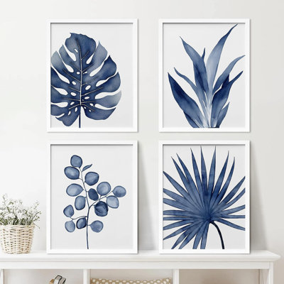 Tropical Palm " IDEA4WALL Framed Watercolor Blue Tropical Leaves Wall Art, Set of 4 Nature Wilderness Wall Decor Prints, Botanical Floral Wall Decor for Living Room, Bedroom " 4 Piece Art Graphic Art Print