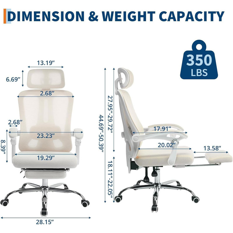 Ergonomic Mesh Office Chair with Footrest - High-Back Swivel Desk Chair with Headrest & Adjustable Lumbar Support for Home, Office, Gaming (Black)