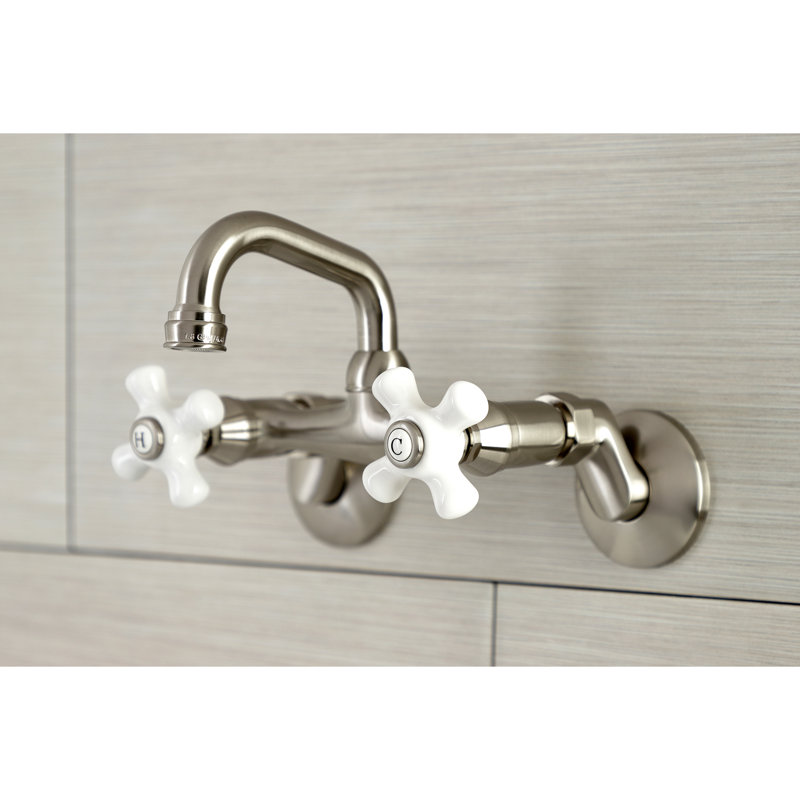 Kingston Brass Kingston Two-Handle 2-Hole Wall Mount Bar Faucet, Cross Handle, Brushed Nickel/White