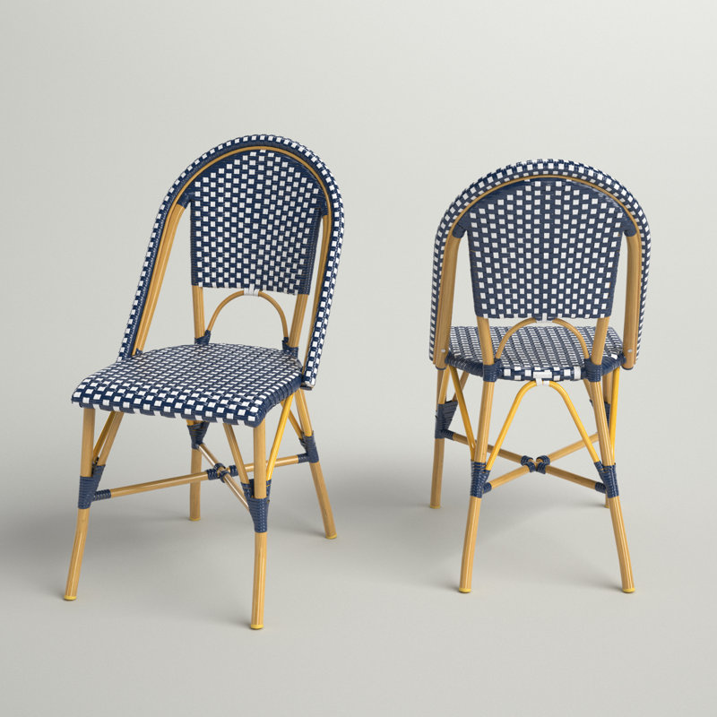 Casidy Wicker Premium All-Weather Wicker Outdoor Dining Side Chair, Navy/White