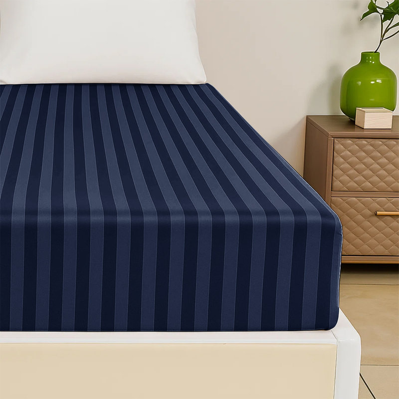 200 Thread Count Microfibre Stripe Fitted Sheet 40cm, Navy, Double (4'6)