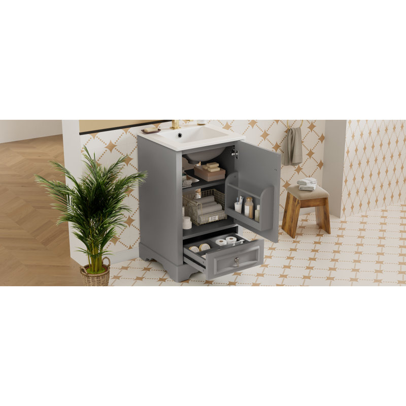 Meuble-lavabo de 20 po avec lavabo en céramique, porte à fermeture en douceur, tablette ajustable en forme de U, tiroir de compartiment et support de porte, style moderne, conception peu encombrante