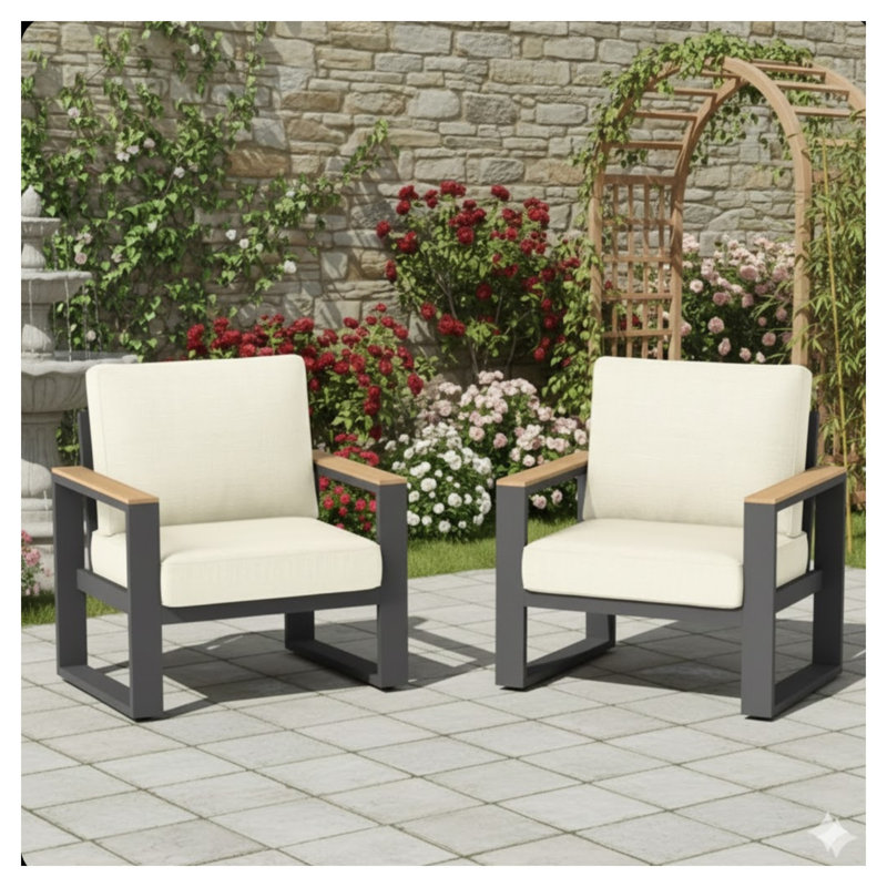 Ensemble de 2 fauteuils de patio en aluminium toutes saisons avec coussins beiges et sièges d'extérieur à structure noire