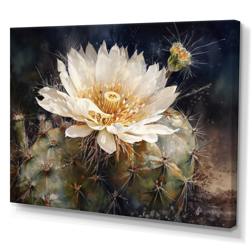 Ryul blanc, vert, fleur de cactus I, H 30 po x l 40 po x P 1,5 po, Toile tendue