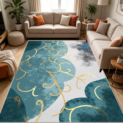 Tapis 1pc bleu sarcelle à volutes, élégant tapis décoratif polyvalent, facile à nettoyer et à entretenir, meuble idéal pour la chambre à coucher, le salon, le couloir, le vestibule, le dortoir et le bureau afin de rafraîchir l'ambiance intérieure de votre maison