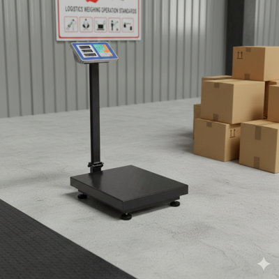 Digital floor scale for weighing items up to 660 pounds with a precision of 0.1 pounds. The platform scale features a computing function, displaying weight in pounds or kilograms, and includes tare and price calculation capabilities. Finished in black.