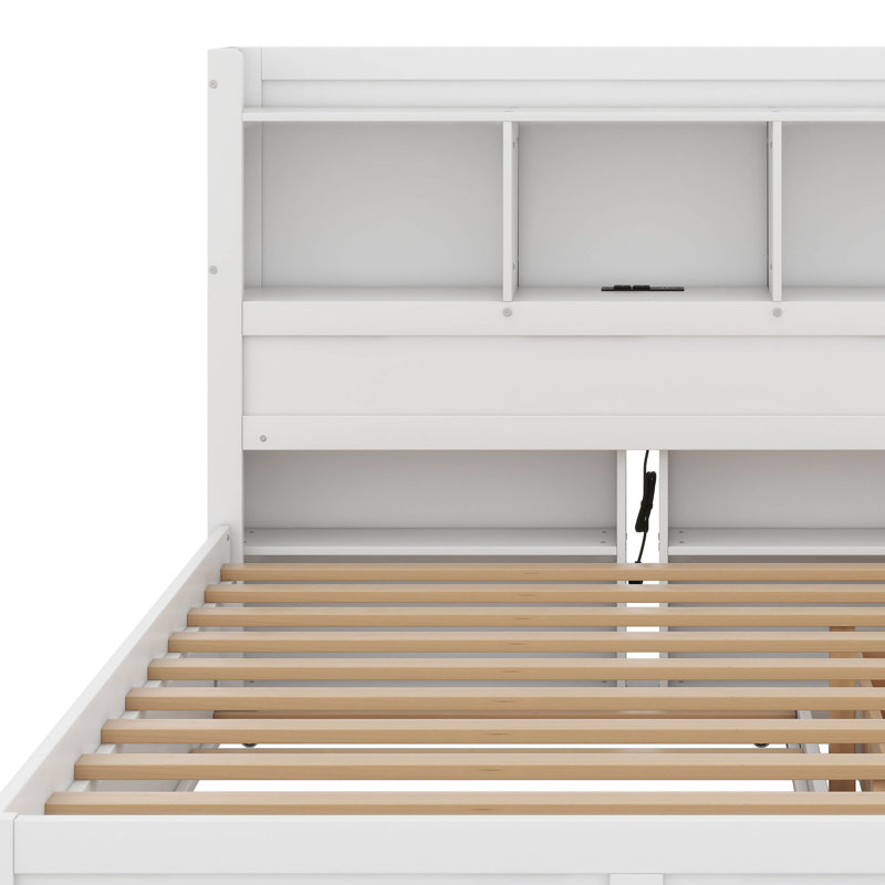 Full Size Platform Bed Frame With Storage – Headboard, Pull-Out Shelves, Trundle, 2 Drawers & Built-In Charging Station