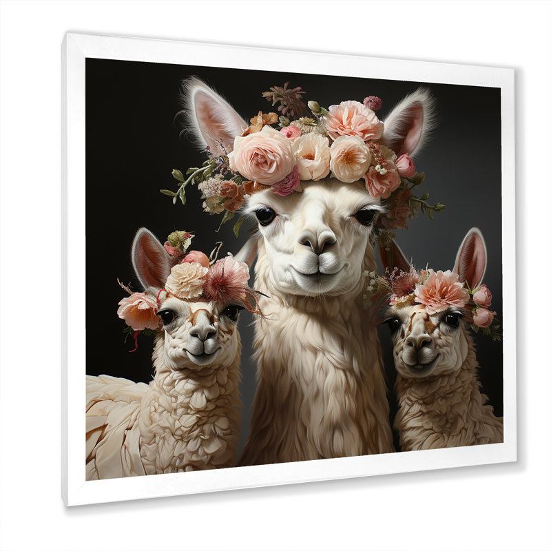 Mignon Alpacas Floral Portrait - Boho Tiles, art mural, H 16 po x l 16 po x P 1 po, Cadre simple blanc