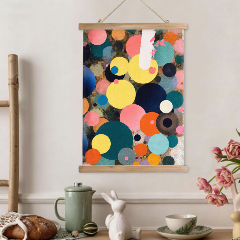 Collage de cercle coloré, art mural à volutes suspendues, cintre en bois intégré, 16 x 24