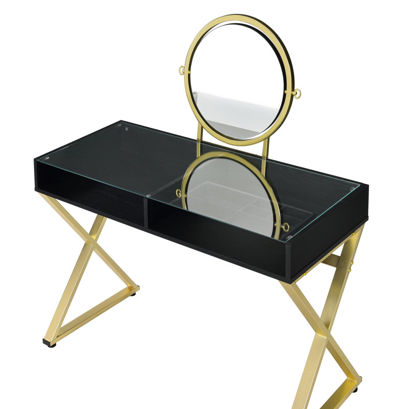 Bureau de meuble-lavabo avec cadre noir et doré, cadre en métal, miroir, plateau à bijoux et 2 tiroirs, conception rectangulaire de 42 pouces de large dans la teinte, aspect 50 paramètres élevés