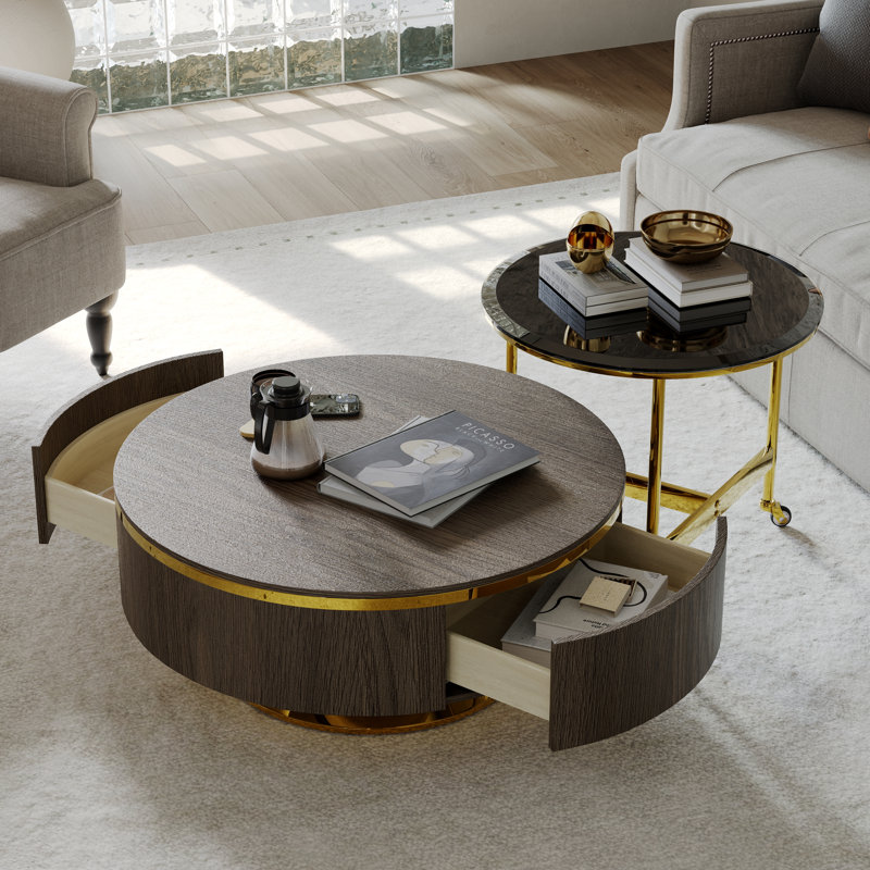 31.5 Inch Walnut And Gold Nesting Coffee Table Set With Two Storage Drawers, Brown Wood, Gold