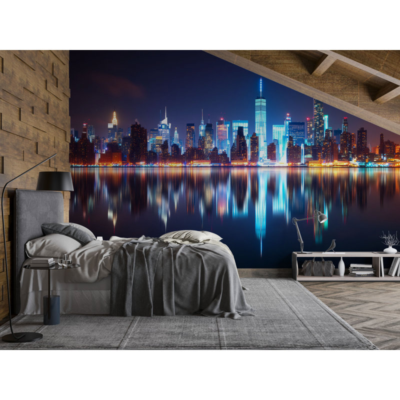 Papier peint NYC Skyline - Manhattan Night Lights Vn892 (Peel-N-Stick) VN892, L 145 po x l 100 po, Peler et coller