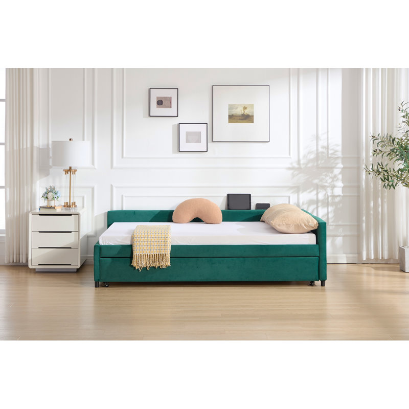 Upholstered Daybed With Trundle,Sturdy Wooden Bed Frame, Modern Diamond Grid Design,For Bedroom, Guest Room (Emerald)