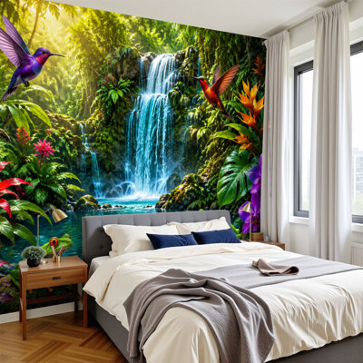 Peel and Stick Wallpaper Wall Mural Vibrant Tropical Jungle Waterfalls Exotic Birds Wall Art Self Adhesive and Removable
