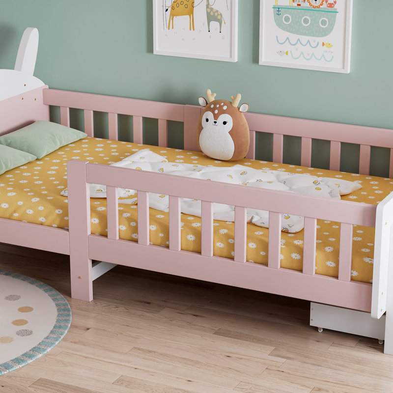 White & Pink Kids Rabbit Storage Bed with Guardrail & Drawer, 3ft (90 x 190cm) Pine & MDF Frame with