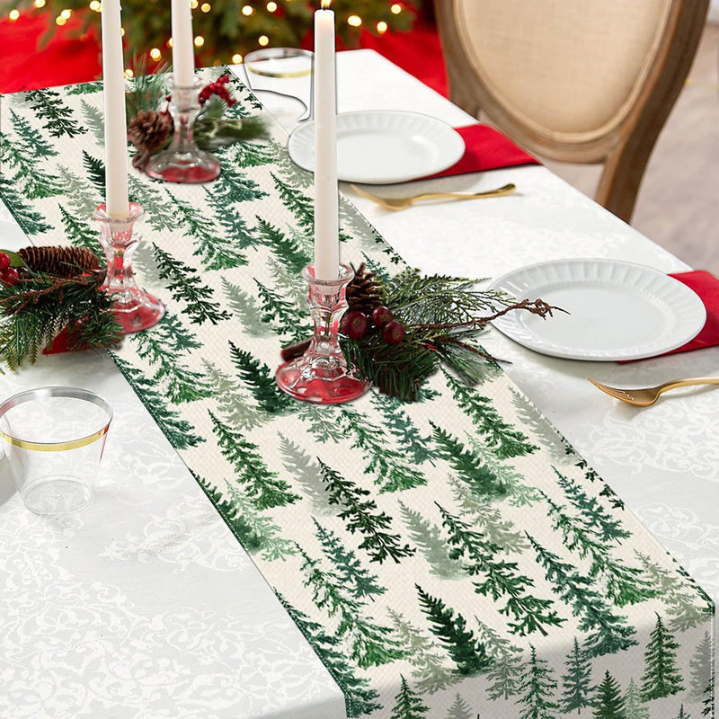Chemin de table de Noël d'hiver 13 X 72 pouces, Merry Christmas, arbres de pin vert, décorations de table pour les fêtes de Noël