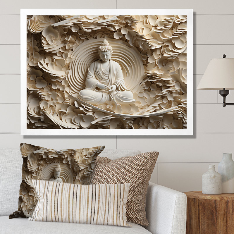 Simple bouddhisme Statue I - art mural bouddhisme pour le salon, Impression encadrée, H 12 po x l 20 po, Blanc