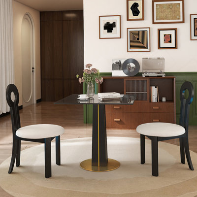 Table ronde moderne avec plateau en verre trempé de 85 cm et pieds en bois avec base en métal