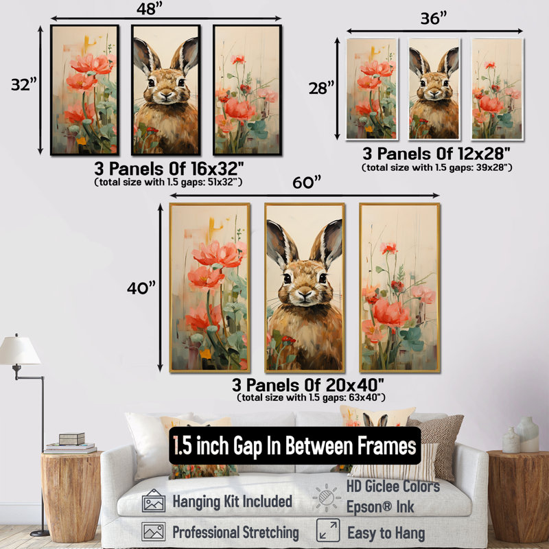 Curious Floral Rabbit Meadow I - Lapin, art mural animal, Cadre flottant noir, H 28 po x l 36 po