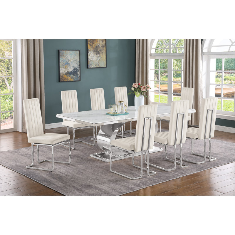Ensemble de salle à manger 87 L 44 x Bauke, Ensemble salle à manger 9 pièces, Crème, Argent