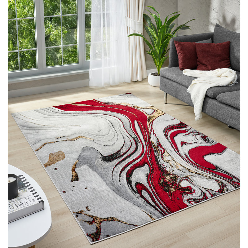 Modern Abstract Area Rug Swirls Contemporary Marble Colorful Carpet For Living Room Bedroom With Gold Lurex Accents, Red