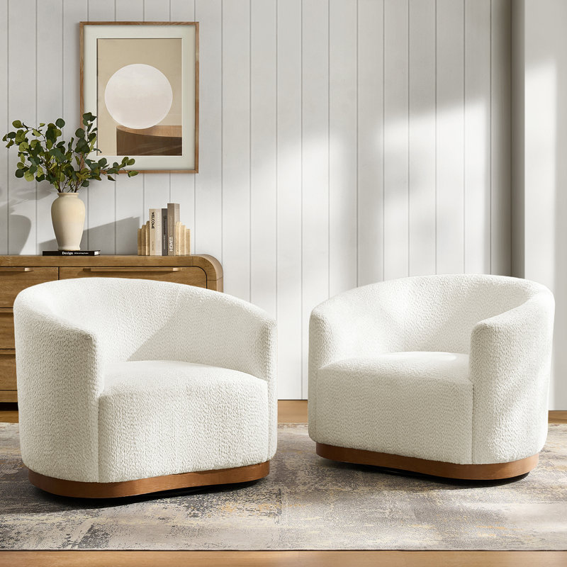 Berklie 31.5"W Modern Boucle Chenille Swivel Barrel Armchair with Ergonomic Backrest and Solid Wood Legs, Ivory