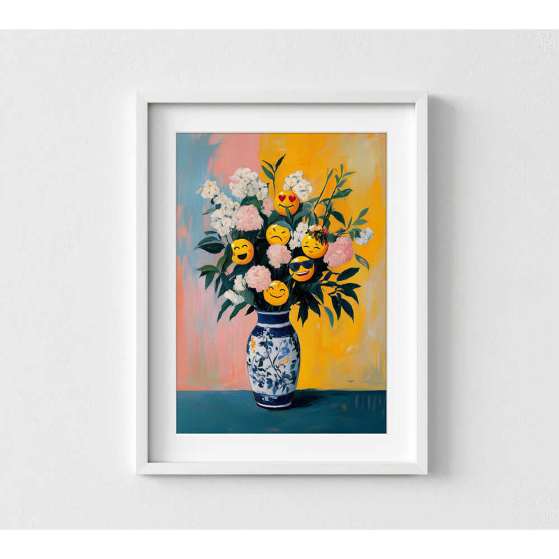 Art mural floral Emoji, H 42 po x l 56 po, Impression encadrée avec passe-partout, Blanc