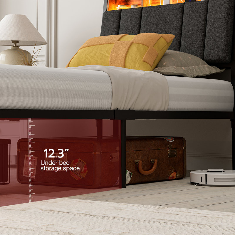 Ivy Bronx Bed Frames With Dustproof Storage Drawer, Ergonomic Hidden Storage Headboard With Charging Station, Upholstered Led Platform Bed, No Box Spring Needed, Easy Assembly