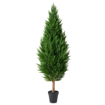 Artificial Cedar Topiary Tree with Real Wood Trunk, Faux Cascading Cypress Potted Plant - Realistic Indoor Topiary for Entryway, Living Room & Office Decor