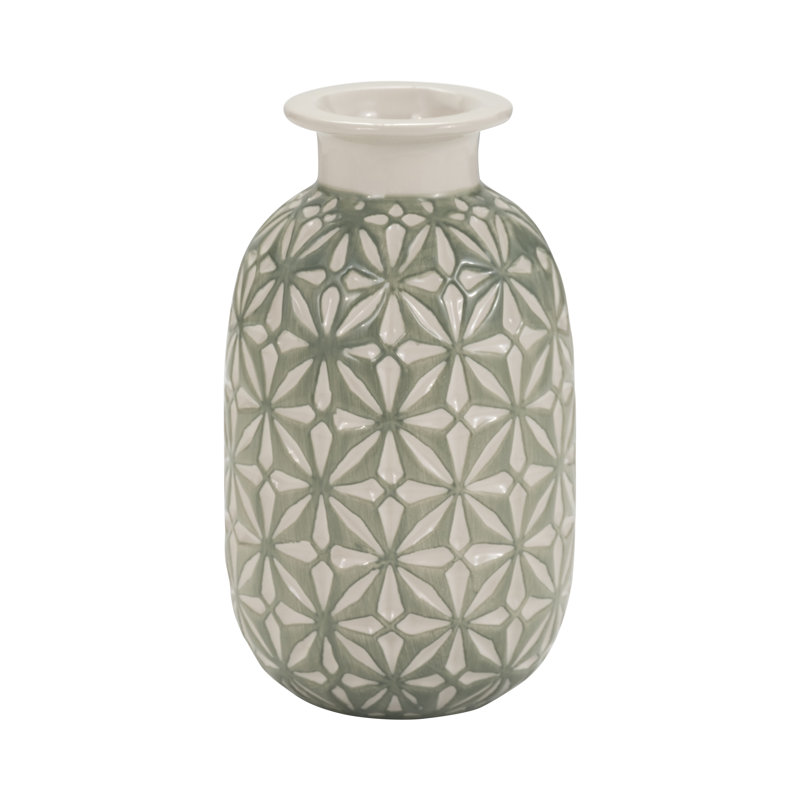 Decorative Ceramic Geometric Table Vase for Home Decor - Patterned Flower Vase for Shelf Styling and Living Room Display, Green