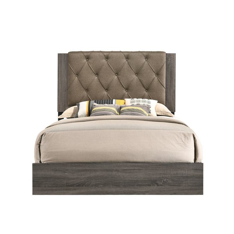 Finition en chêne rustique gris, tissu à boutons, tête de lit rembourrée, lit, cadre en bois, pieds fuselés, 4 lattes, sommier tapissier requis, capacité maximale, espace de rangement