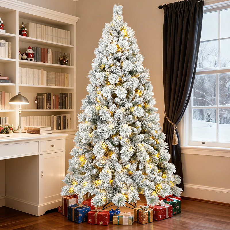  Arbre de Noël enneigé artificiel pré-éclairé avec branches en PVC, lumières, aiguilles de pin, décor des Fêtes, 9 pi