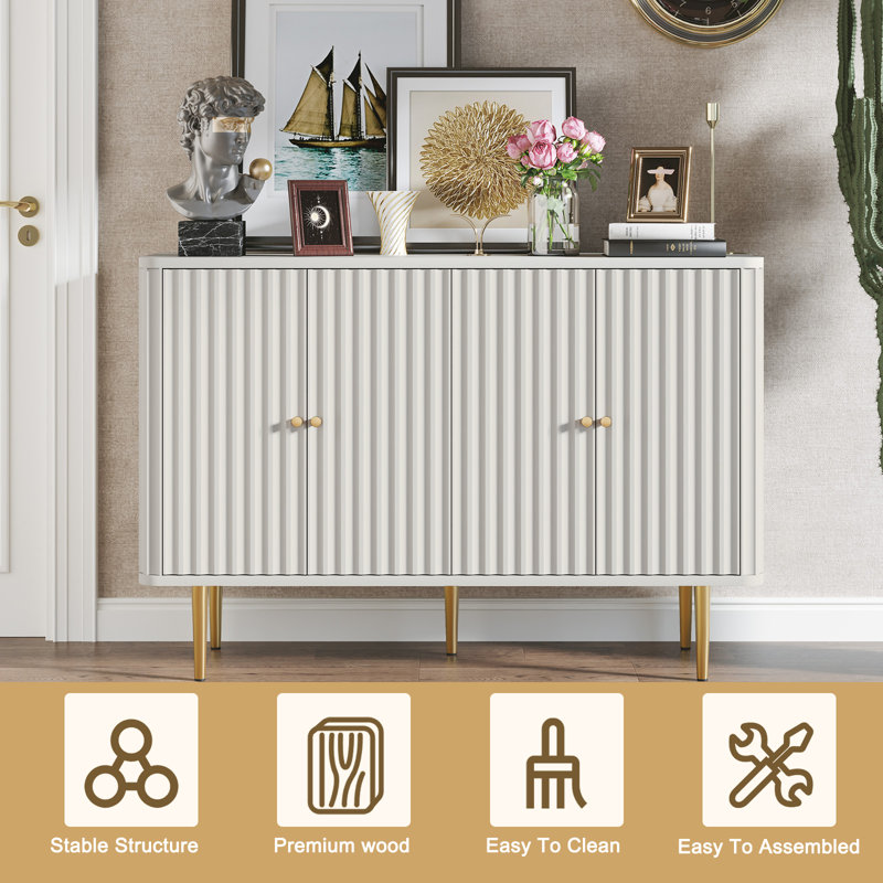 48'' Sideboard Buffet Cabinet, 4-Door Fluted Water Ripple Door Storage Credenza with Adjustable Shelves & Gold Legs, Modern Accent Console Cabinet for Entryway, Dining Room, Living Room
