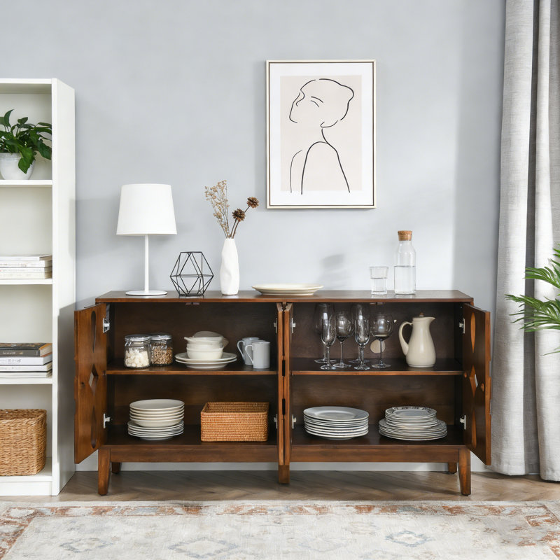 60.5" Mid Century Modern Walnut Sideboard Buffet & TV Console, 4-Door Storage Cabinet With Adjustable Shelves, Walnut