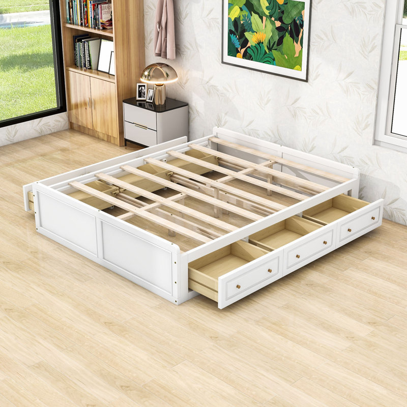 Structure de lit plateforme en bois 6 tiroirs grand format, peu encombrant, Blanc