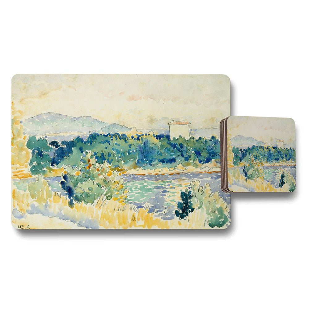Watercolor Landscape Placemat And Coaster Set With Scenic River View