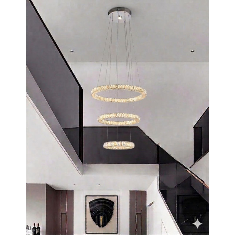 4-Light 3-Tier Dimmable Chrome LED Chandelier With Clear Crystal Accents