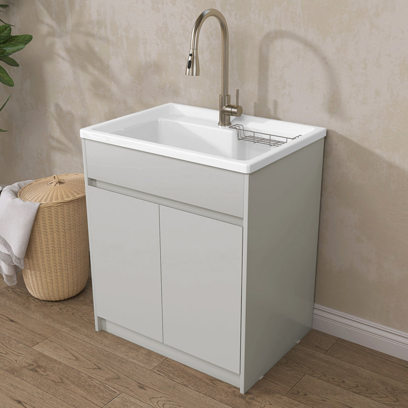 Freestanding 30'' Light Grey Laundry Sink Cabinet with Hot & Cold Water Faucet Drop-in Solid Surface Utility Sink