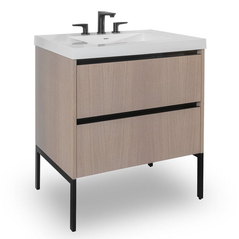 Kubista 30" Single Bathroom Vanity with Top, White Oak, Matte Black, 8" Widespread