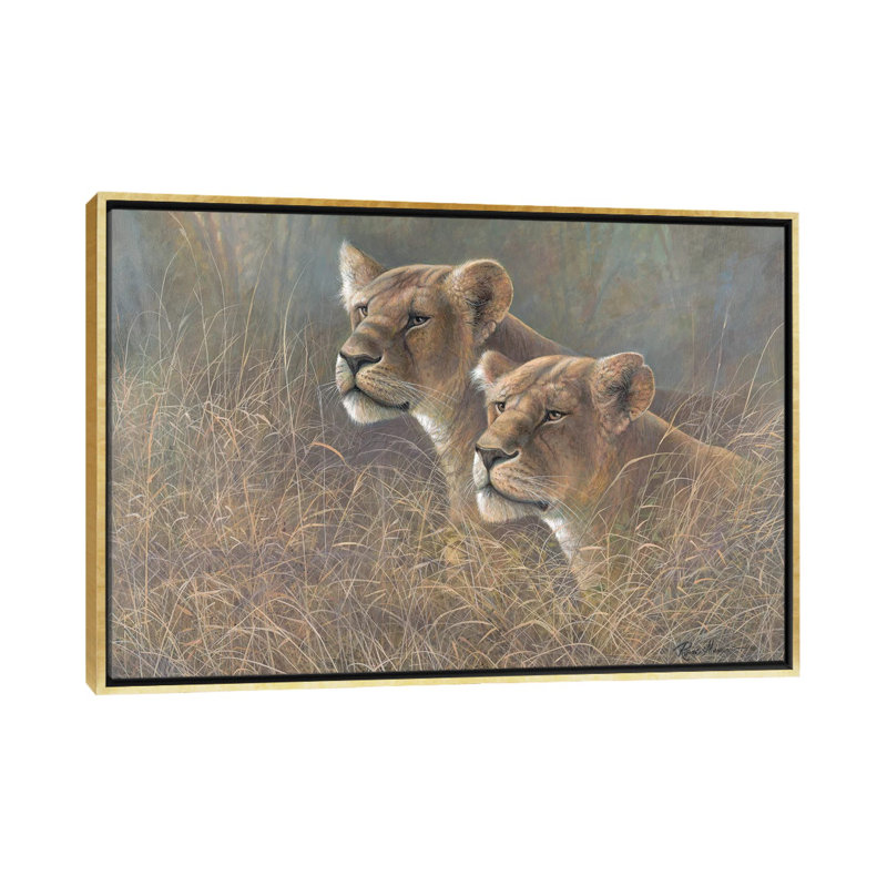 Sœurs du Serengeti par Ruane Manning - reproduction d'art, H 18 po x l 26 po x P 1,5 po, Toile encadrée d'or, Aucun mat