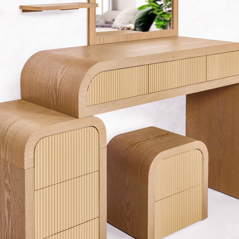  Fluted Pine Wood Vanity Set With Stool And Floating Shelves
