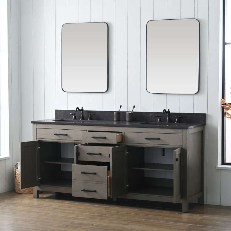 Ensemble de meuble-lavabo double 72 po Ajiya, Calcaire bleu, Gris texturé / noir mat