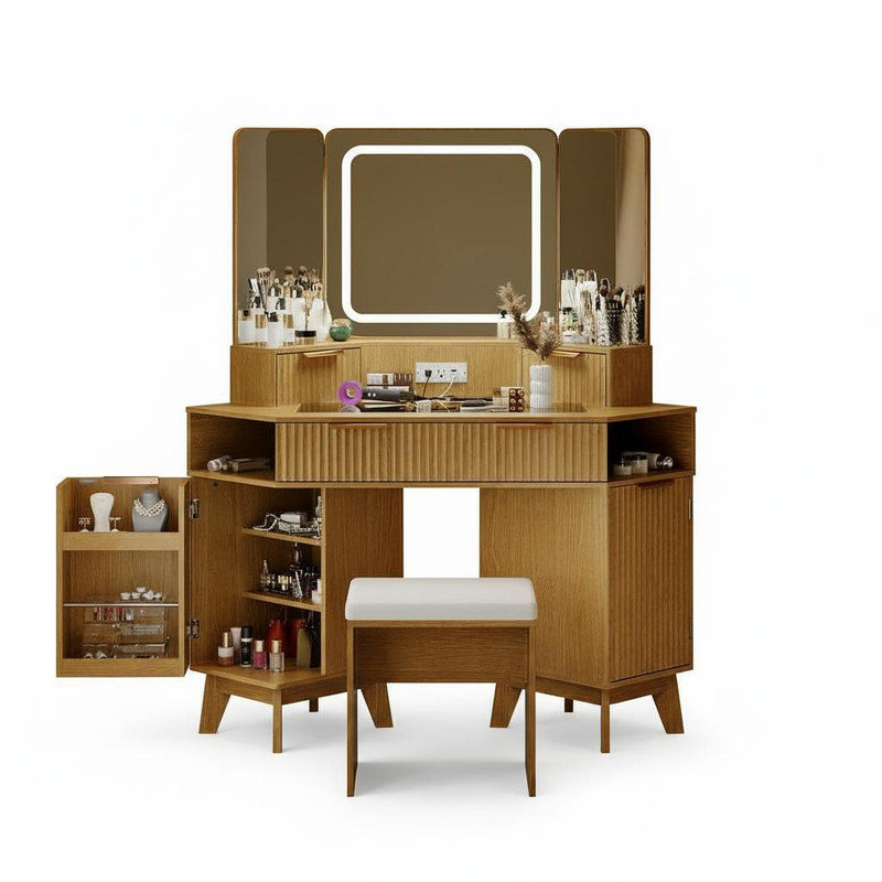 Corner Vanity Makeup Desk Natural Wood, Corner VanityTable with Glass Top, Corners Vanity Desk with Mirror and Lights and Chair, Modern Fluted Makeup VanityDesk