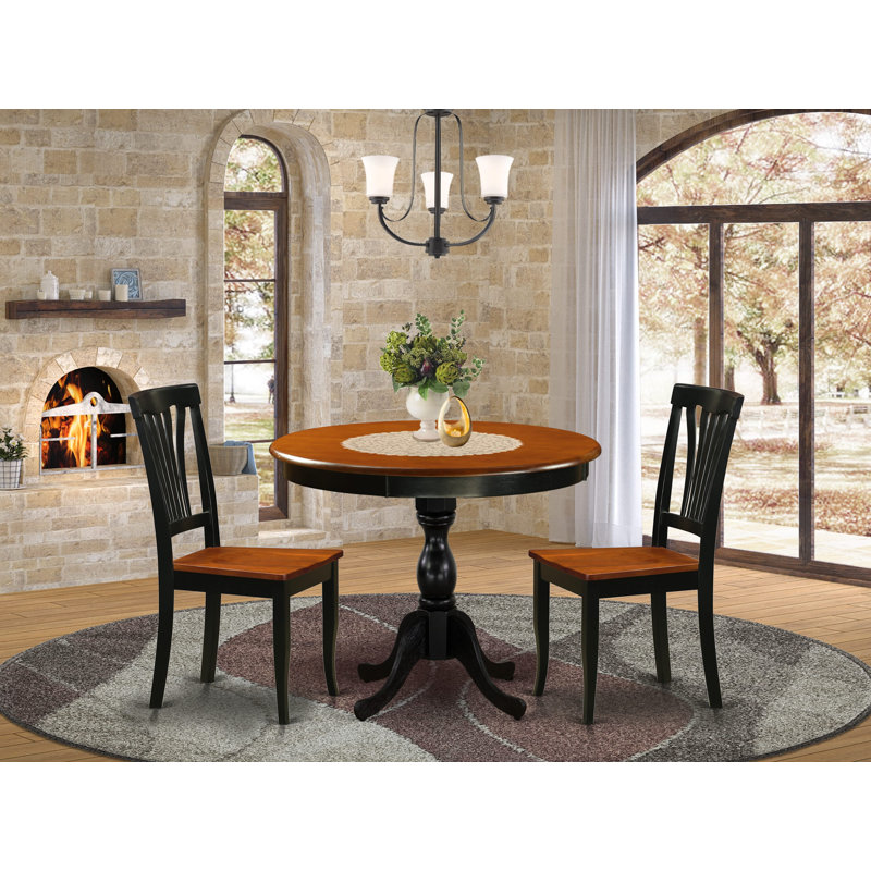 3-Piece Table Set Contains a Kitchen Table and 2 Modern Dining Chairs with Slatted Back - Black Finish, Black/Cherry, Wooden