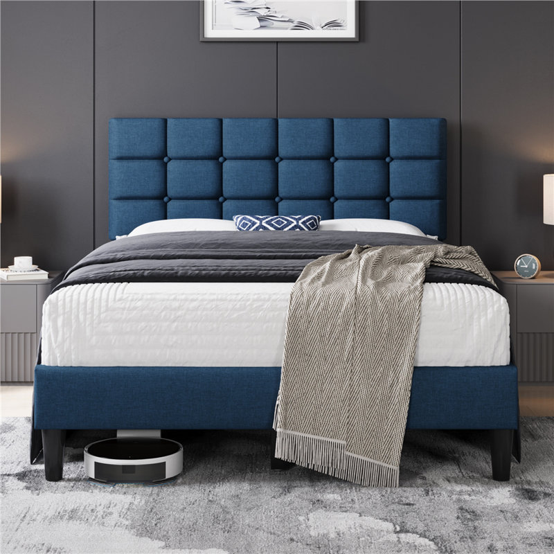 Contemporary Modern Tufted Upholstered Platform Bed, Full, Navy Blue